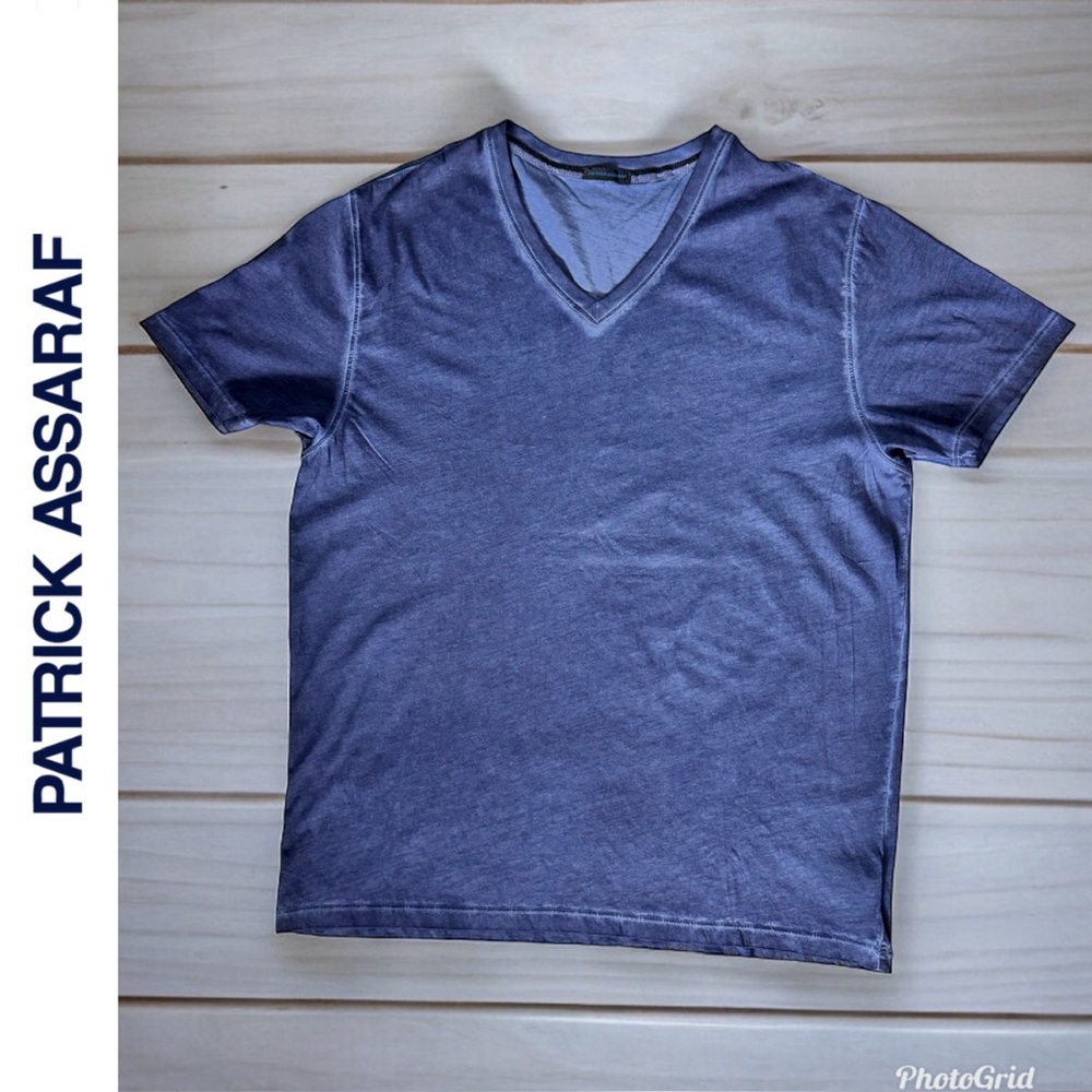 Patrick Assaraf V Neck Blue Short Sleeve Tee Shirt Pima Cotton